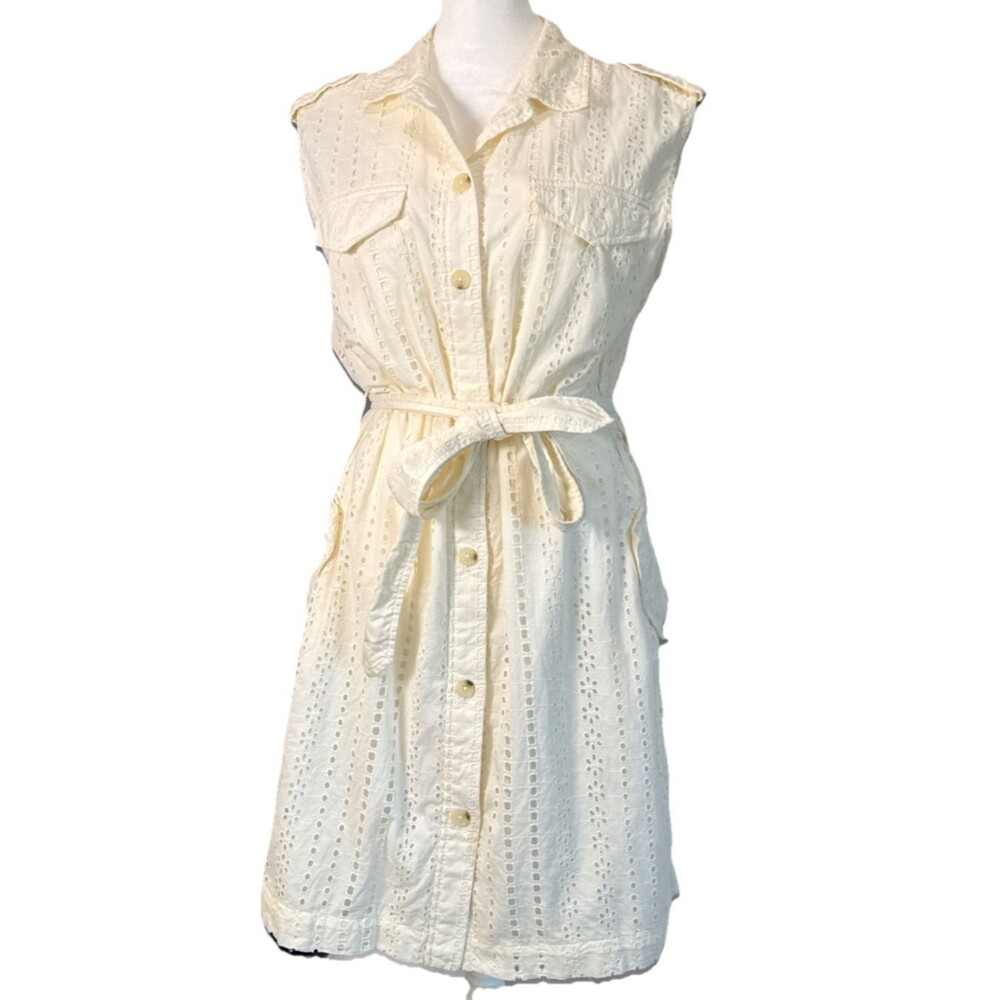 Banana Republic Ivory Cotton Tie Waist Eyelet Shirt Dress Sz 12 Coastal Preppy